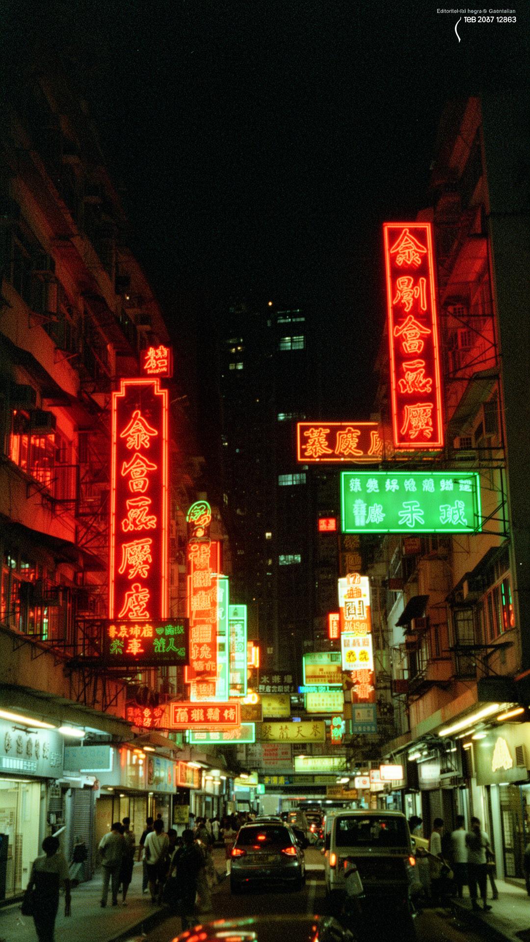 Editorial Hong Kong street with neon signage